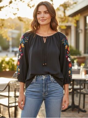 Black Embroidered Peasant Blouse with Balloon Sleeves